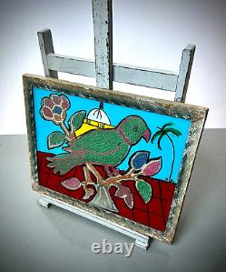 Vintage Indian Glass Bead Painting Parakeet Original Art Deco Wave Incised Frame