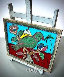 Vintage Indian Glass Bead Painting Parakeet Original Art Deco Wave Incised Frame