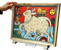 Vintage Indian Glass & Bead Painting Surahbi Sacred Cow & Calf Art Deco Frame