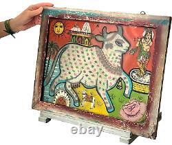 Vintage Indian Glass & Bead Painting Surahbi Sacred Cow & Calf Art Deco Frame