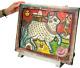 Vintage Indian Glass & Bead Painting Surahbi Sacred Cow & Calf Art Deco Frame