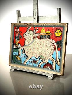 Vintage Indian Glass & Bead Painting Surahbi Sacred Cow & Calf Art Deco Frame