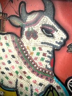 Vintage Indian Glass & Bead Painting Surahbi Sacred Cow & Calf Art Deco Frame