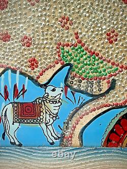 Vintage Indian Glass & Bead Painting Surahbi Sacred Cow & Calf Art Deco Frame