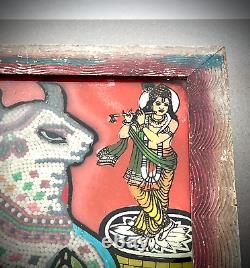 Vintage Indian Glass & Bead Painting Surahbi Sacred Cow & Calf Art Deco Frame