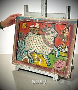 Vintage Indian Glass & Bead Painting Surahbi Sacred Cow & Calf Art Deco Frame