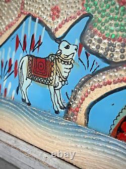 Vintage Indian Glass & Bead Painting Surahbi Sacred Cow & Calf Art Deco Frame