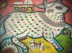 Vintage Indian Glass & Bead Painting Surahbi Sacred Cow & Calf Art Deco Frame