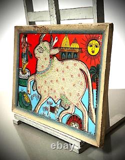 Vintage Indian Glass & Bead Painting Surahbi Sacred Cow & Calf Art Deco Frame