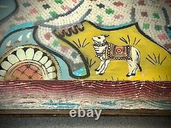 Vintage Indian Glass & Bead Painting Surahbi Sacred Cow & Calf Art Deco Frame