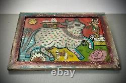 Vintage Indian Glass & Bead Painting Surahbi Sacred Cow & Calf Art Deco Frame