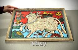 Vintage Indian Glass & Bead Painting Surahbi Sacred Cow & Calf Art Deco Frame