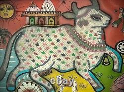 Vintage Indian Glass & Bead Painting Surahbi Sacred Cow & Calf Art Deco Frame