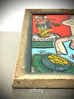 Vintage Indian Glass & Bead Painting Surahbi Sacred Cow & Calf Art Deco Frame