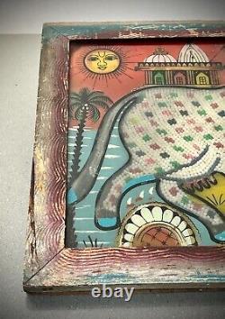 Vintage Indian Glass & Bead Painting Surahbi Sacred Cow & Calf Art Deco Frame