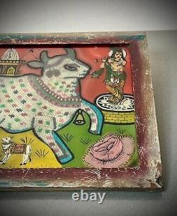 Vintage Indian Glass & Bead Painting Surahbi Sacred Cow & Calf Art Deco Frame