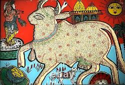 Vintage Indian Glass & Bead Painting Surahbi Sacred Cow & Calf Art Deco Frame