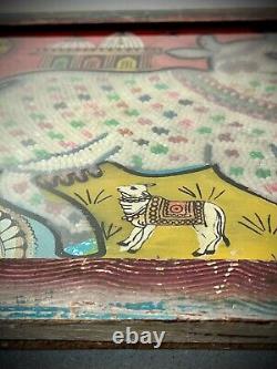 Vintage Indian Glass & Bead Painting Surahbi Sacred Cow & Calf Art Deco Frame