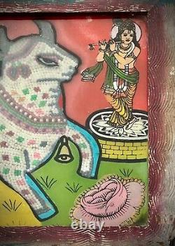 Vintage Indian Glass & Bead Painting Surahbi Sacred Cow & Calf Art Deco Frame