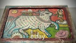 Vintage Indian Glass & Bead Painting Surahbi Sacred Cow & Calf Art Deco Frame