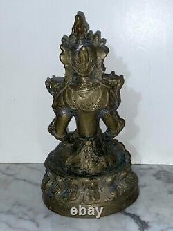 Vintage Indian Gold Color Cast Metal Statue Of A Crowned Seated Buddha Figure