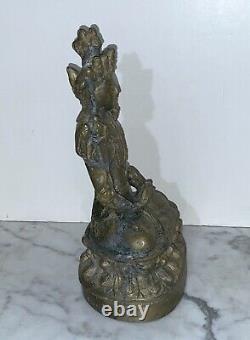 Vintage Indian Gold Color Cast Metal Statue Of A Crowned Seated Buddha Figure