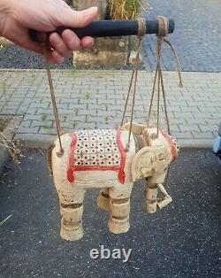 Vintage Indian Hand Carved Wood Elephant Puppet On Strings