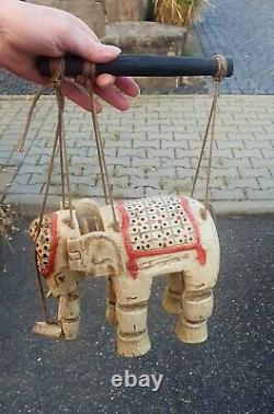 Vintage Indian Hand Carved Wood Elephant Puppet On Strings