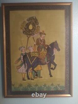 Vintage Indian Hand Painted Mughal King Riding Horse Painting Framed Antique Art