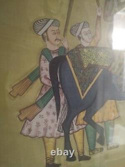 Vintage Indian Hand Painted Mughal King Riding Horse Painting Framed Antique Art