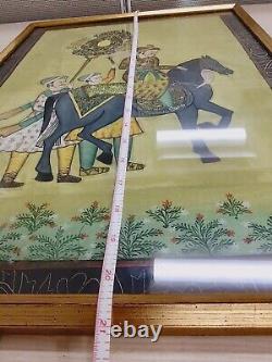 Vintage Indian Hand Painted Mughal King Riding Horse Painting Framed Antique Art