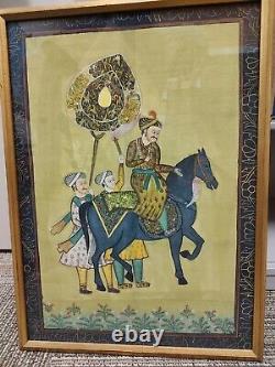 Vintage Indian Hand Painted Mughal King Riding Horse Painting Framed Antique Art