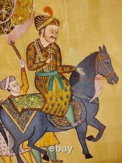 Vintage Indian Hand Painted Mughal King Riding Horse Painting Framed Antique Art