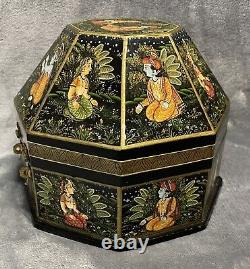 Vintage Indian Hand Painted Wood Marriage Box Octagonal Hand Painted 8.5