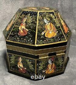 Vintage Indian Hand Painted Wood Marriage Box Octagonal Hand Painted 8.5