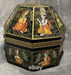 Vintage Indian Hand Painted Wood Marriage Box Octagonal Hand Painted 8.5