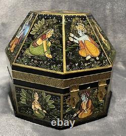 Vintage Indian Hand Painted Wood Marriage Box Octagonal Hand Painted 8.5