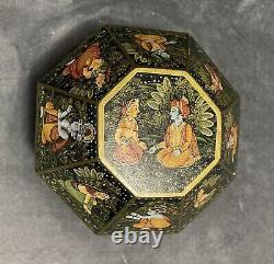 Vintage Indian Hand Painted Wood Marriage Box Octagonal Hand Painted 8.5