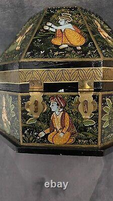 Vintage Indian Hand Painted Wood Marriage Box Octagonal Hand Painted 8.5