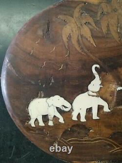 Vintage Indian Handmade Wooden Ingraved Elephant Forest Design Plate Home Decor