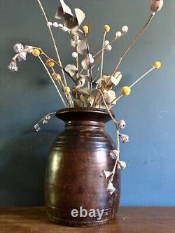 Vintage Indian Large Wooden Oil Pot Vase Vessel Rustic Artisan Handcarved