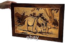 Vintage Indian Marquetry Panel Baby Elephant Spraying Mother In Waterhole