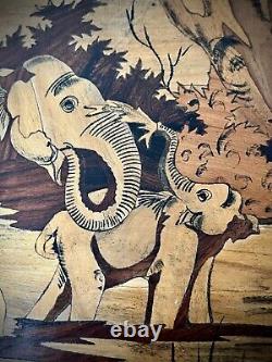 Vintage Indian Marquetry Panel Baby Elephant Spraying Mother In Waterhole