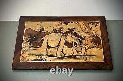 Vintage Indian Marquetry Panel Baby Elephant Spraying Mother In Waterhole