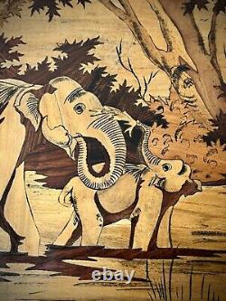 Vintage Indian Marquetry Panel Baby Elephant Spraying Mother In Waterhole