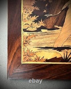 Vintage Indian Marquetry Panel Baby Elephant Spraying Mother In Waterhole