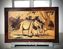 Vintage Indian Marquetry Panel Baby Elephant Spraying Mother In Waterhole