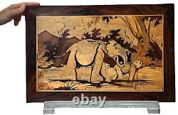 Vintage Indian Marquetry Panel Baby Elephant Spraying Mother In Waterhole