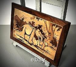 Vintage Indian Marquetry Panel Baby Elephant Spraying Mother In Waterhole