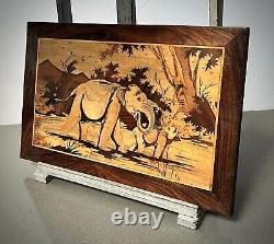 Vintage Indian Marquetry Panel Baby Elephant Spraying Mother In Waterhole